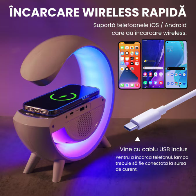 Lampă LED multifuncțională cu boxă, încărcare wireless și RGB