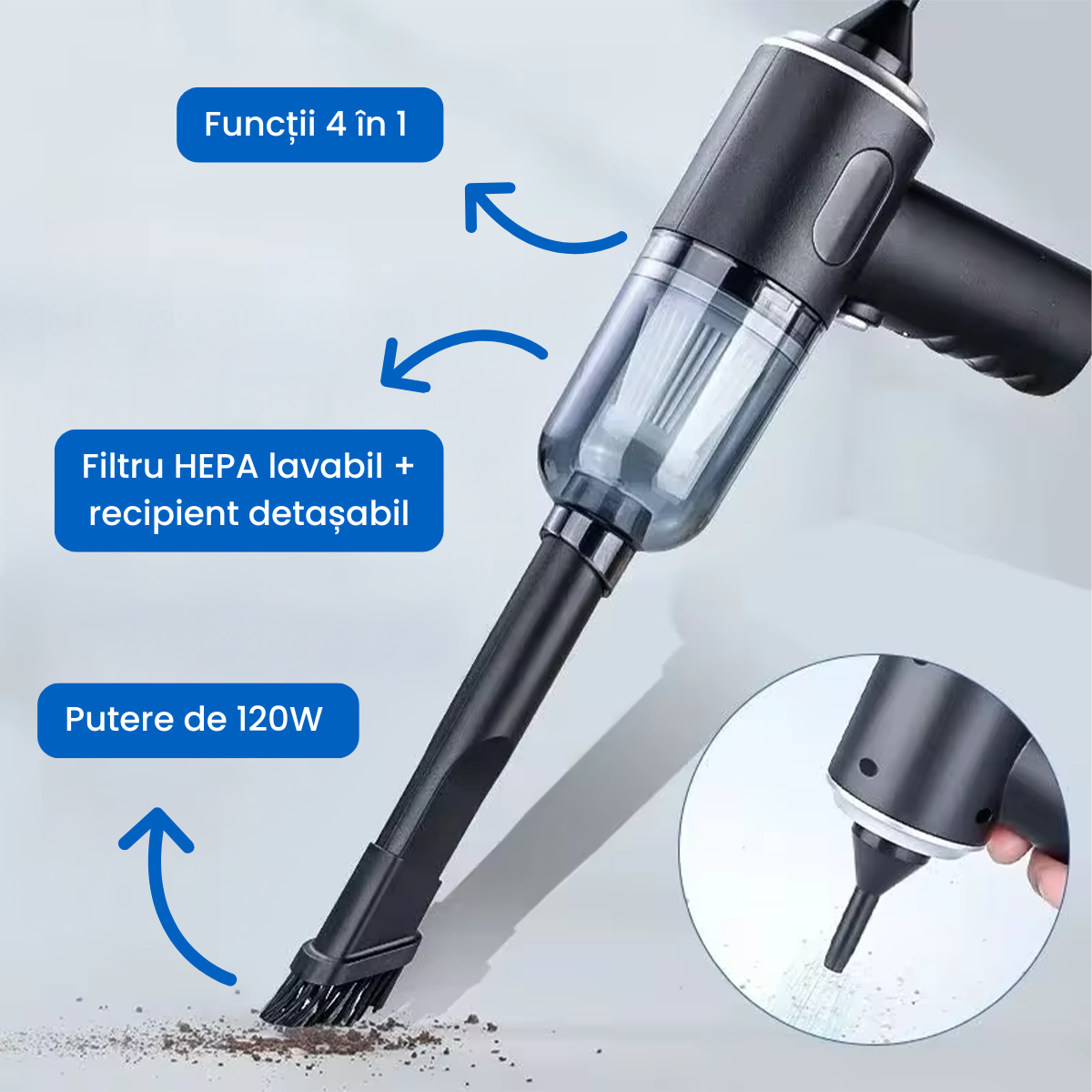 Aspirator portabil 3in1 cu functie de suflare si pompare aer, reincarcabil