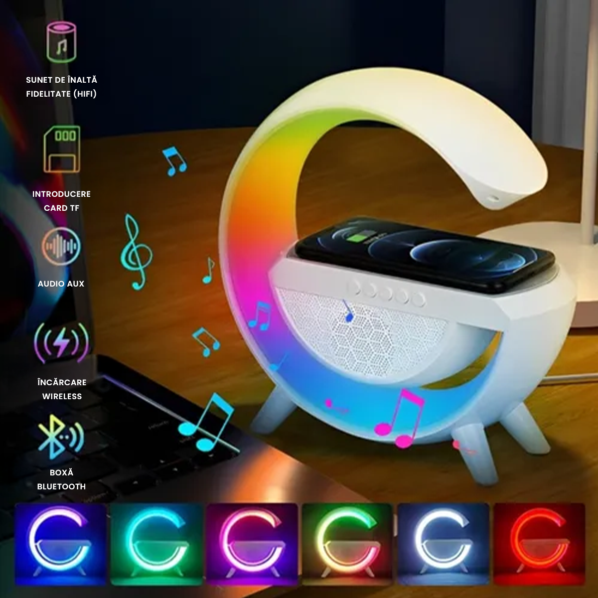 Lampă LED multifuncțională cu boxă, încărcare wireless și RGB